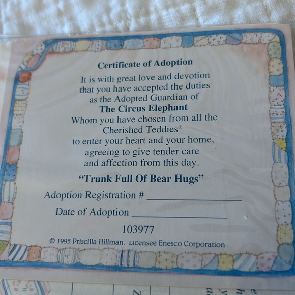 Vintage 1995 Cherished Teddies Collectible bear figurine- #103977 — “Elephant” - Picture 7 of 9